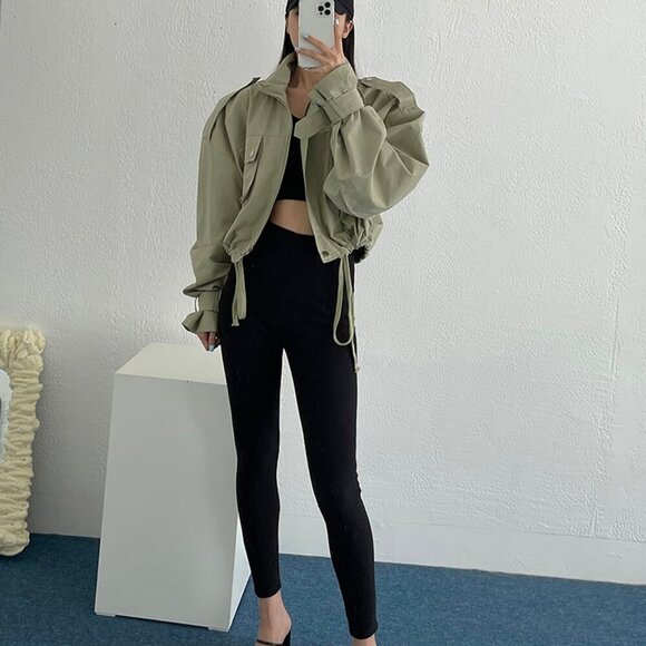 Army Green Casual Women's Flap Pocket Drop Shoulder Drawstring Hem Jacket - Picture 5 of 5